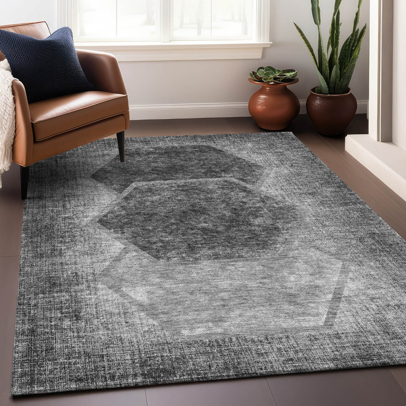 Tapis gris Prisco lavable à la machine de qualité supérieure, Rectangle 10 pi x 14 pi