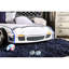 Lit simple moderne avec thème voiture, surface ultrabrillante, supports en métal, ensemble de lattes, bleu et blanc pour la conception de la chambre à coucher, décoration