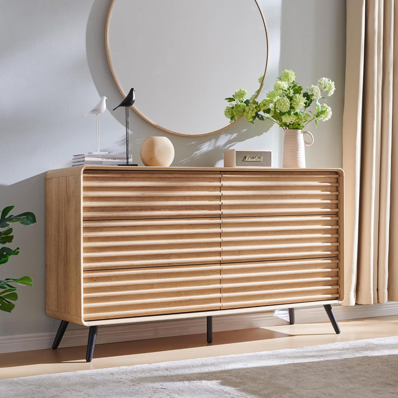 Commode double à 54 tiroirs de 54 pouces de style Mid-Century à cannelures larges, large commode pour le salon de la chambre à coucher