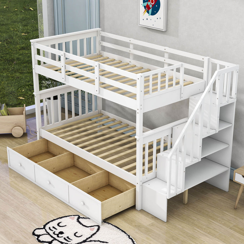Dhyan Kids Twin Over Twin Bunk Bed with Drawers, White