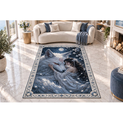 Tapis « Ultra Fin » 152 x 213 cm (5 pi x 7 pi) Femme et Loup sous la Lune pour chambre, salon et bureau à domicile, tapis doux à poils courts avec envers antidérapant en silicone