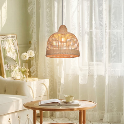 Natural Rattan Woven Pendant Light, Handcrafted Boho Hanging Light for Dining Room Kitchen Island Bedroom