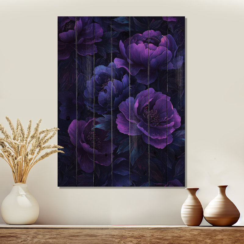 Mauve, pivoines et minuit, art mural en bois - sur bois de pin naturel, H 40 po x l 30 po x P 0,78 po