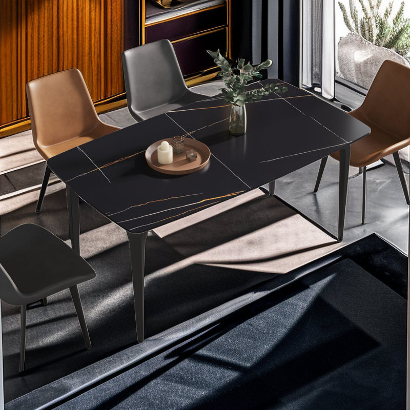 Eniel Rectangular Oval Sintered Stone Kitchen Dining Table With 4 Black Metal Legs, Black, Black, 29.5" H X 35.5" D X 63" L