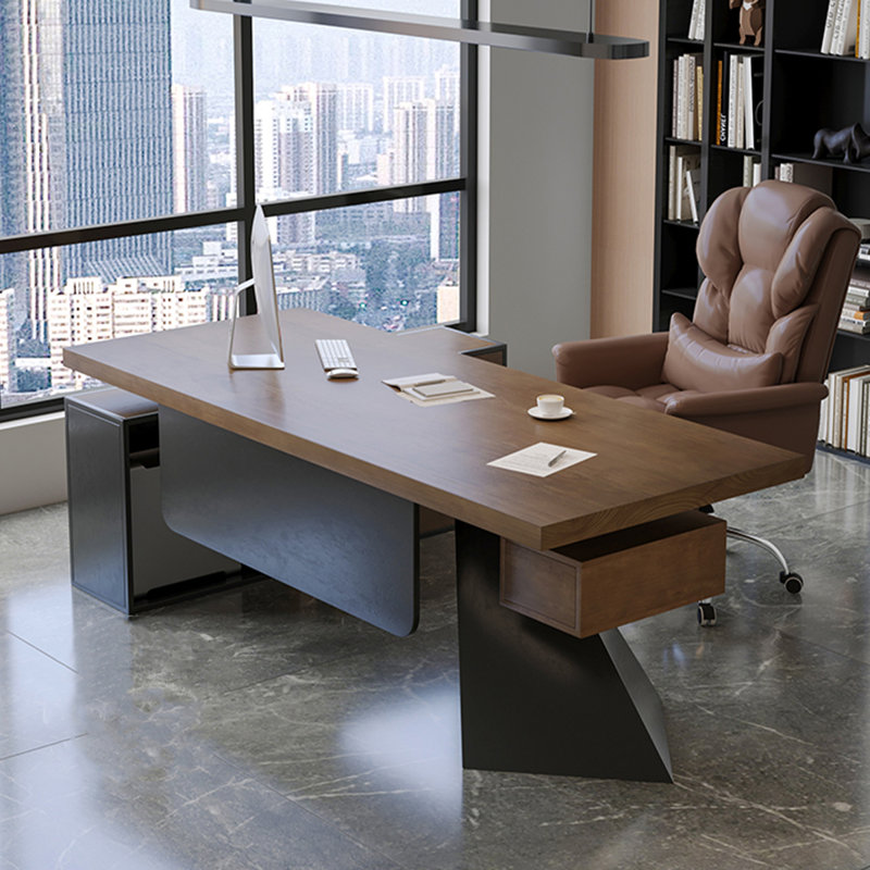 Tan+Black Rectangular Solid Wood+Iron desks, Right Hand Return, 29.53" H x 78.74" W x 31.5" D