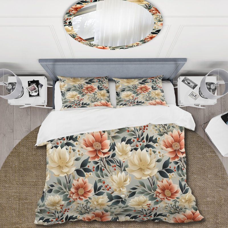 Ensemble de housse de couette White Blossoms In Paradise II - Floral, Housse de couette pour grand lit et 2 taies décor