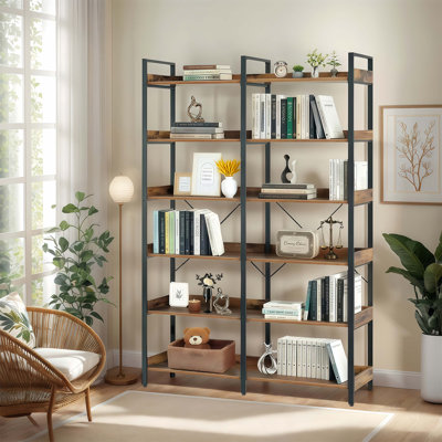 6-Tier Industrial Bookshelf, 67" Wooden Bookshelf With Open Shelves, Freestanding Metal Frame Bookcase For Storage And Display, Modern Book Shelves For Bedroom, Living Room And Home Office, Brown
