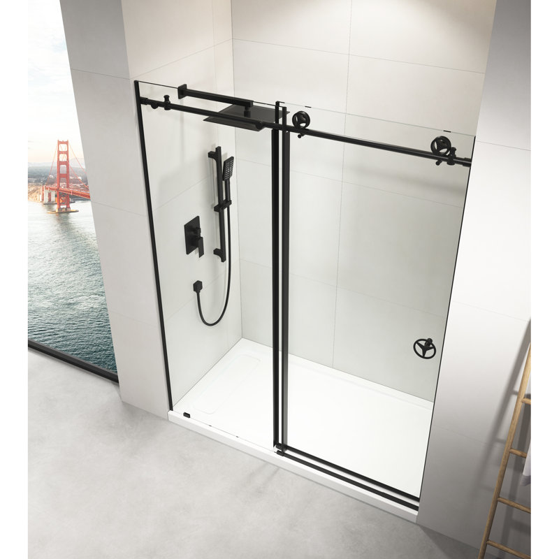 Porte de douche coulissante en verre transparent H 76 po x l 60 po en noir mat - sens d'ouverture réglable pour les salles de bain, fonction silencieuse, composants, empêche l'eau de s'infiltrer avec une salle de bain pratique