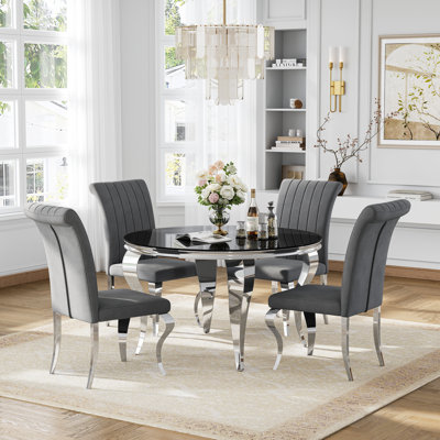 5-Piece Round Dining Set, 0.39" Tempered Glass Dining Table With Mirror Stainless Steel S-Shaped Legs & Velvet Upholstered Chairs With Striped Backrest