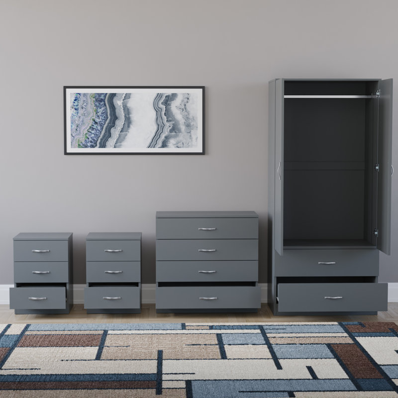 Tayce 4 Piece Bedroom Set (3 Drawer Bedside Chest X2, 4 Drawer Chest, 2 Door 2 Drawer Wardrobe), Grey