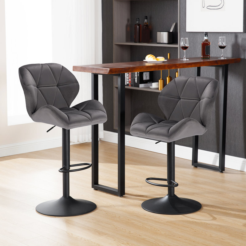 Dequavious Swivel Yes Upholstered Velvet Yes Bar Stool with Steel Frame, Dark Grey, 1