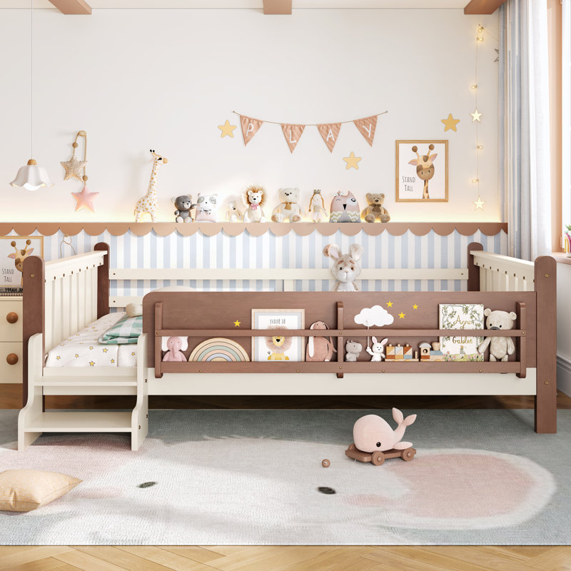 Queen Size Floor Bed with Storage Bookcases, Solid Wood Kids Floor Bed, Cute Stairs, Guardrails, No Box Spring Needed, Beige