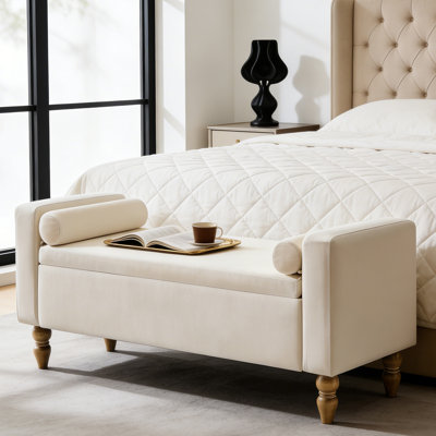 Upholstered Storage Bench with Two Pillows and Arms, Button-Tufted End of Bed Bench for Living Room, Bedroom, Entryway