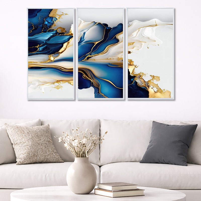 Géode abstraite dorée et bleue forme de marbre III - impression moderne sur toile 3 pièces, H 32 po x l 48 po, Blanc