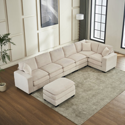 Modern U Shaped 6-seat Sectional Sofa Couch with one Ottoman and three toss pillows