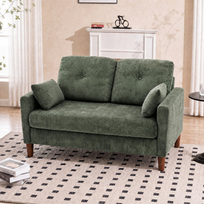 Canapé de 48 pouces, canapé en chenille verte pour petits espaces, causeuse avec siège profond, coussin à ressorts, coussin décoratif, accoudoir large, poches latérales