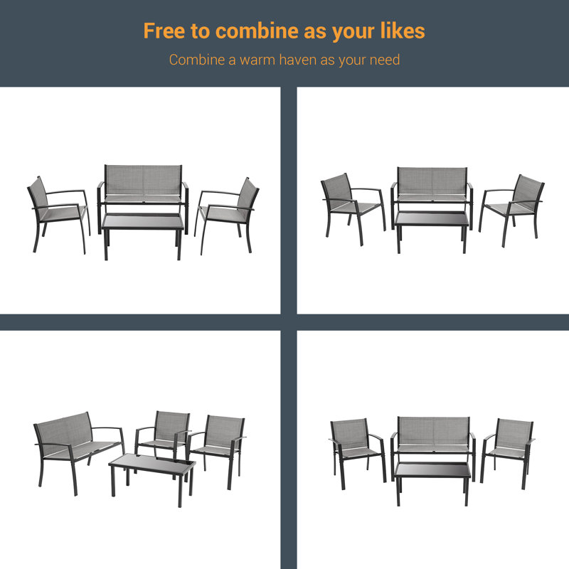 Ensemble de conversation en métal avec revêtement en PVC 4 pièces Geral, Gris