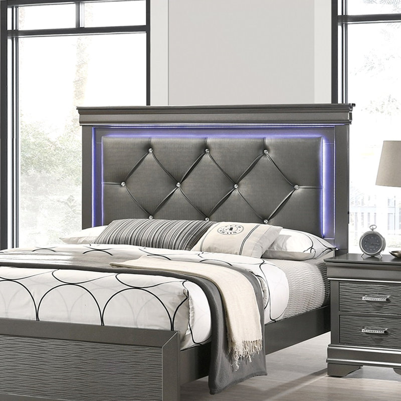 Tête de lit capitonnée en similicuir gris foncé 1pc très grand lit avec meubles de chambre à coucher à DEL gris et bois massif FB