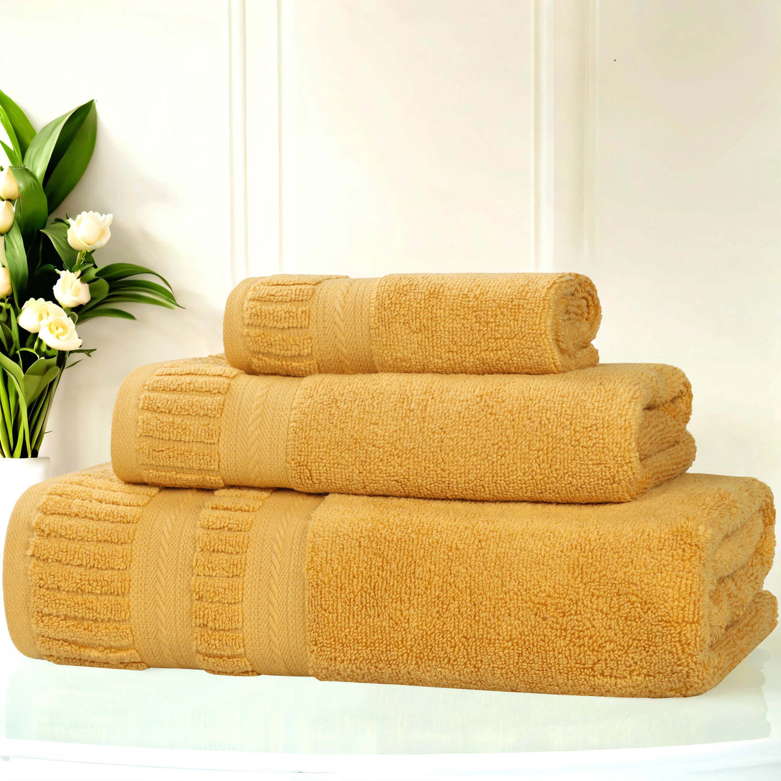 Zero-Twist Cotton Towel Set, Gold, 3 Piece Towel Set
