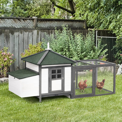 77" Wooden Chicken Run With Nesting Zone, Removable Waste Tray, Gray Hen House Facility, Tray