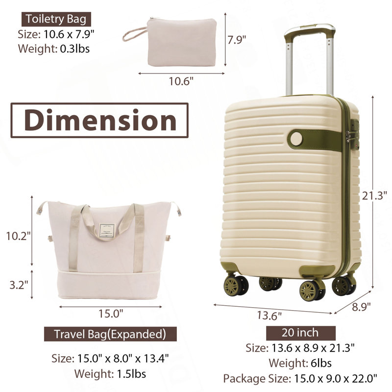 Ensembles de valises 3 pièces, valises de transport en plastique rigide à roulettes 22 po x 14 po x 9 po, approuvées par les compagnies aériennes, 20 pouces