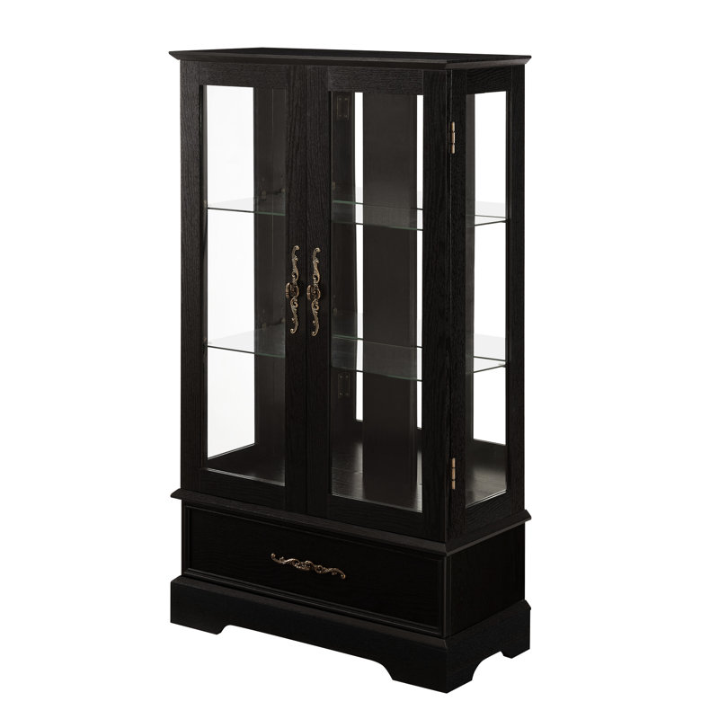 Armoire rétro rétro avec des pieds courbés gracieux et une tablette de 15 à 22 lb, noire, pour la salle à manger, vitrine éclairée, miroir, 3 tablettes, figurine