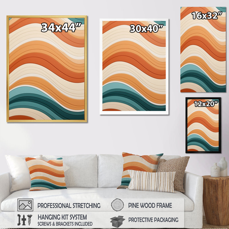 Waves of Retro Elegance in Blue and Orange - Modern Midcentury, reproduction d'art sur toile, H 32 po x l 24 po x P 1 po