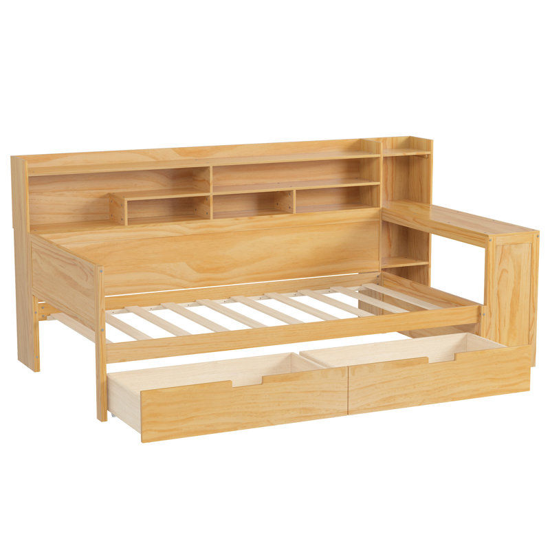 Twin Daybed In Wood With Storage Options And Study Desk - Fashionable Piece Space Saving Wooden Drawers Sleek Finish, Natural