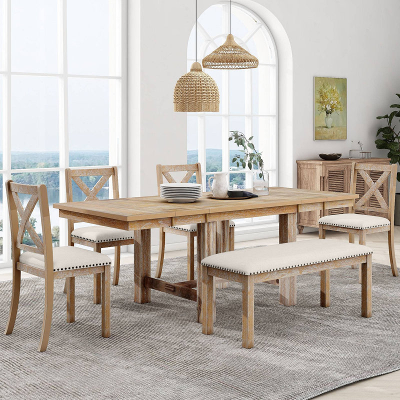 Table de salle à manger à rallonge 6 pièces Farmhouse 82 pouces avec repose-pieds, 4 chaises rembourrées et banc, 2 rallonges amovibles de 11 po, coussin