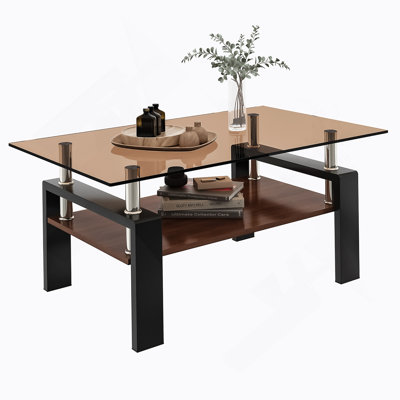 Rectangle Coffee Table, Tempered Glass Tabletop With MDF Layer, Modern Table