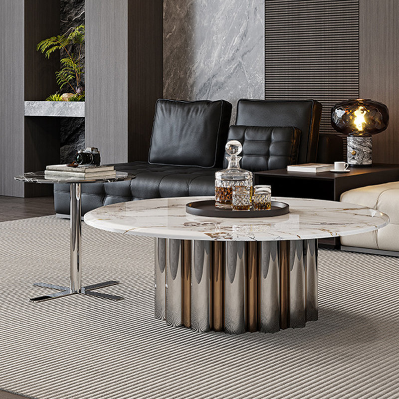 Blanc; ensemble de tables basses rondes en faux marbre et en acier inoxydable, 21.65" H x 49.21" W x 35.43" D