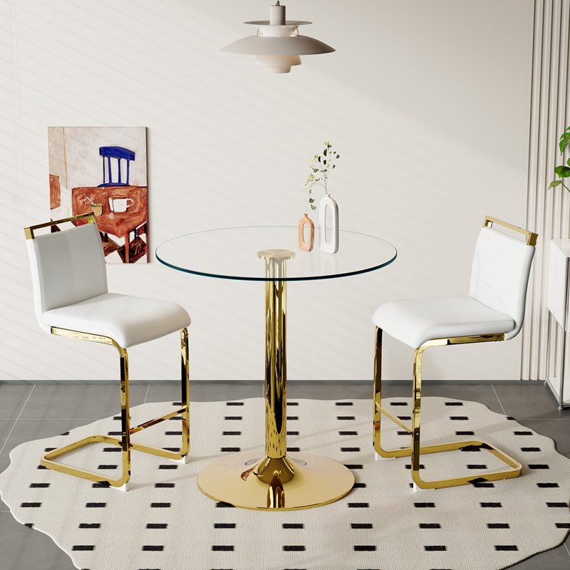 Bar Table And Chairs Set For 2, Gold, White/Gold