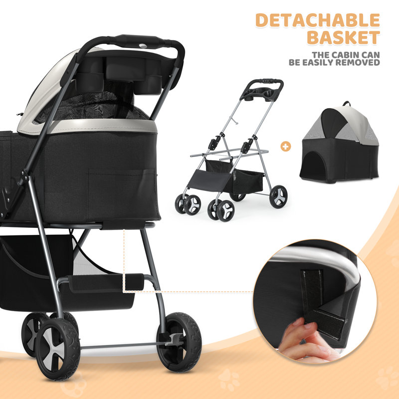 Black Foldable Pet Stroller with Detachable Storage Basket