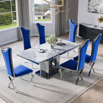 Rectangle Dining Table Set With Luxury Faux Leather Dining Chairs