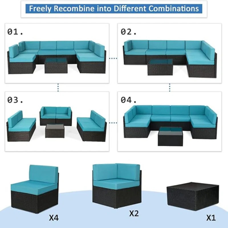 Ensemble de conversation modulaire en rotin 7 pièces avec foyer, Noir, noir, noir, noir, Bleu