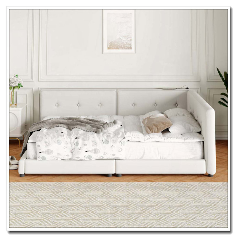 Upholstered Daybed with USB Ports, Beige, Queen
