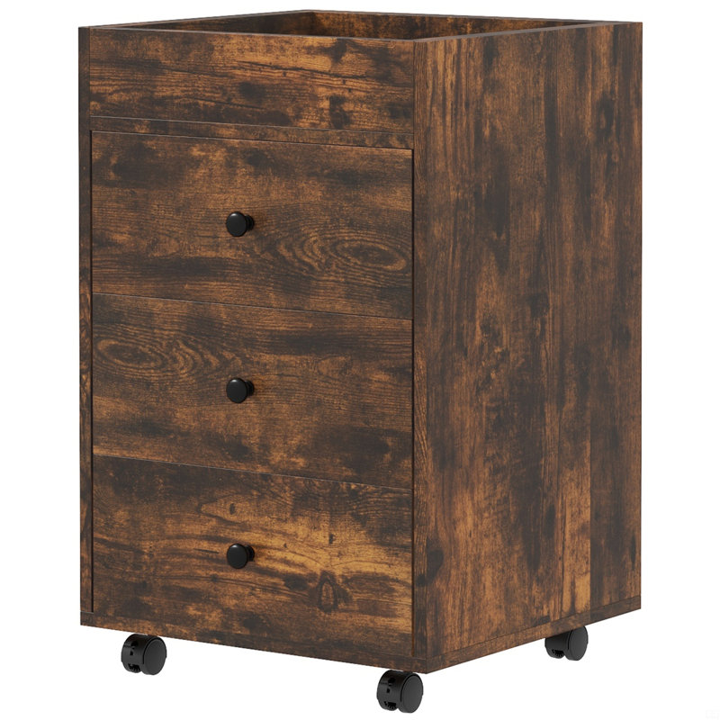 Office Storage Cabinet on Wheels with 3 Drawer and Removable Tray, Rustic Brown