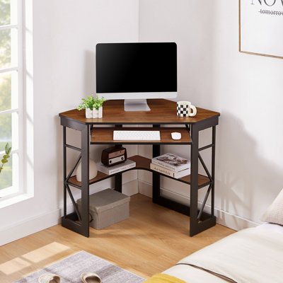 Lambrecht Corner Desk with Storage Shelves, Triangle Computer Desk with Keyboard Tray & Bookshelves for Small Space, 90 Degrees Space Saving Writing Desk Laptop PC Table for Home Office, Living Room, Bedroom