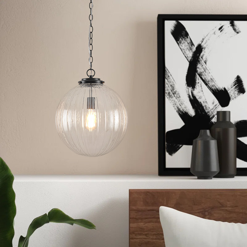 Luminaire suspendu 1 lumière en verre nervuré 1 lumière, Noir mat