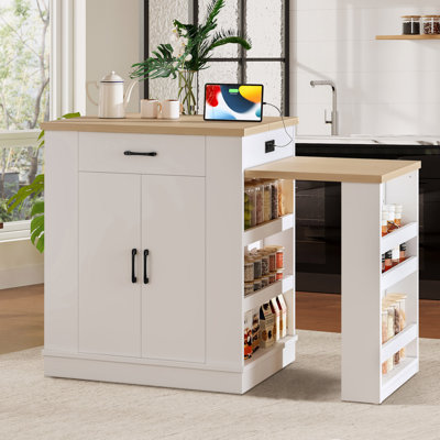 Îlot de cuisine 80,7 po avec table extensible, table de salle à manger avec tiroirs et armoire à double porte