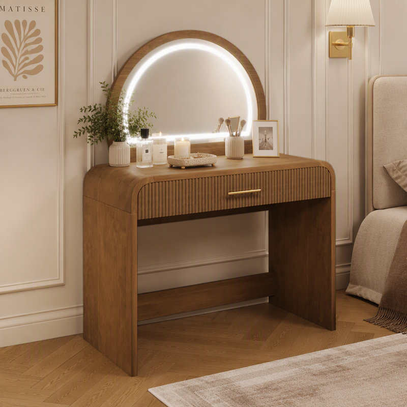 39” Modern Makeup Vanity Table with LED Lighted Mirror, Multi-Functional Dressing Table with Storage Drawer & Removable Mirror for Bedroom