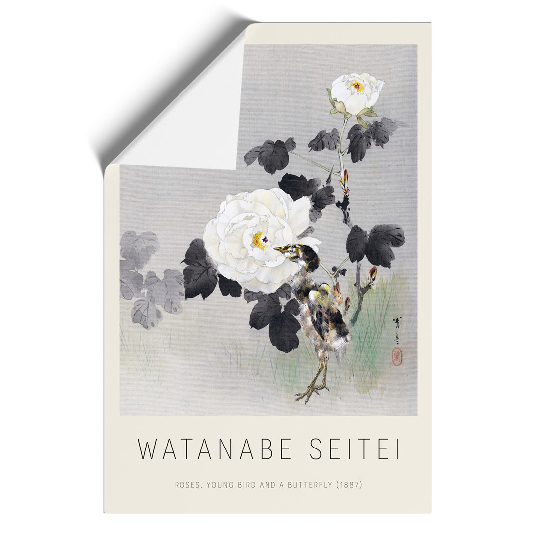 Young Bird & Butterfly Print by the Roses Print by Watanabe Seitei - Frameless Print