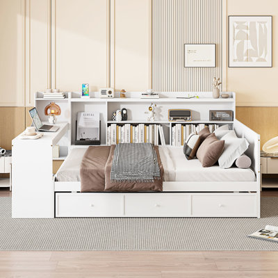 Lit de jour blanc avec 3 tiroirs et compartiments latéraux - Fabrication en pin pour chambre double en bois avec prises de courant