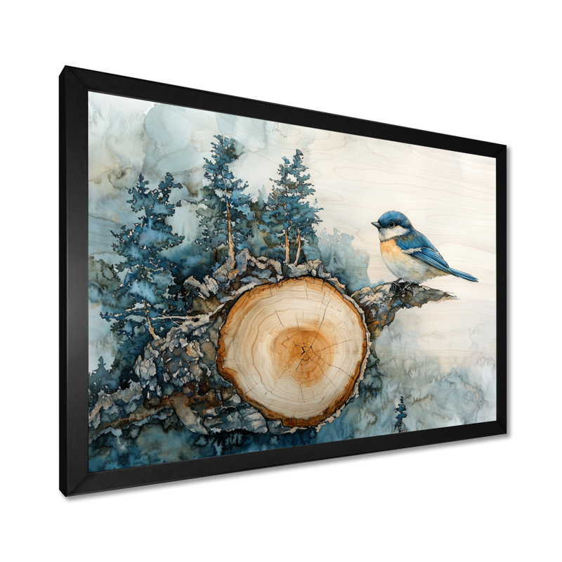 Oiseaux bleus et blancs sur une glissade en bois I - oiseau, art mural, H 12 po x l 20 po, Cadre simple, Noir