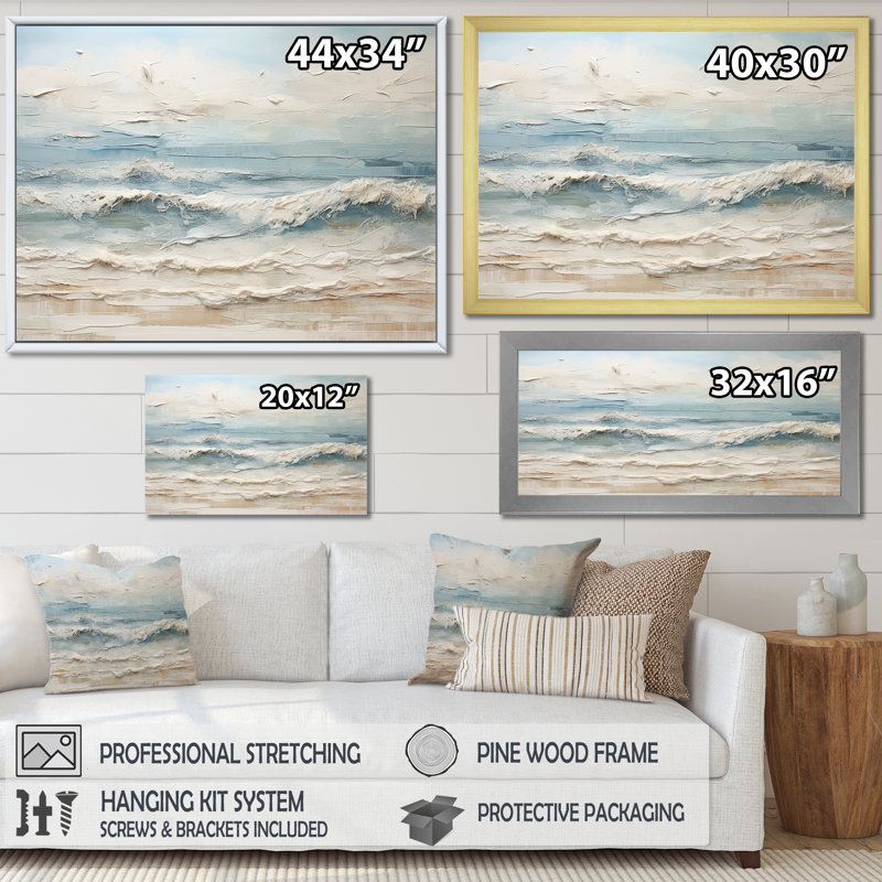 Peinture de plage côtière beige et bleue - Reproductions encadrées de plage côtière, H 12 po x l 20 po, Impression encadrée