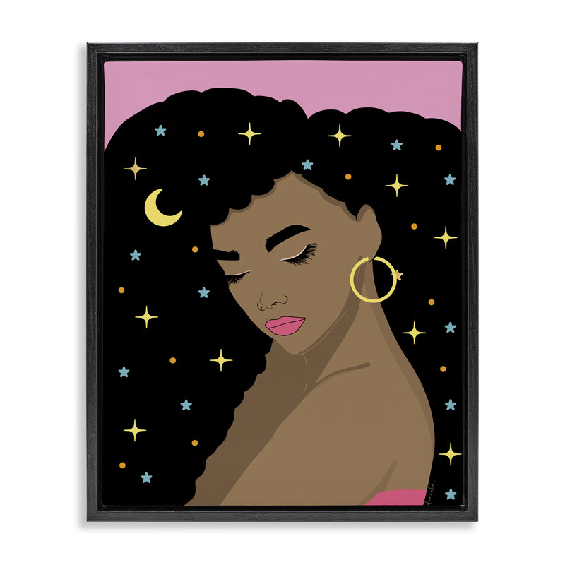 Femme aux cheveux étoilés, Cadre flottant noir de jais, H 21 po x l 17 po