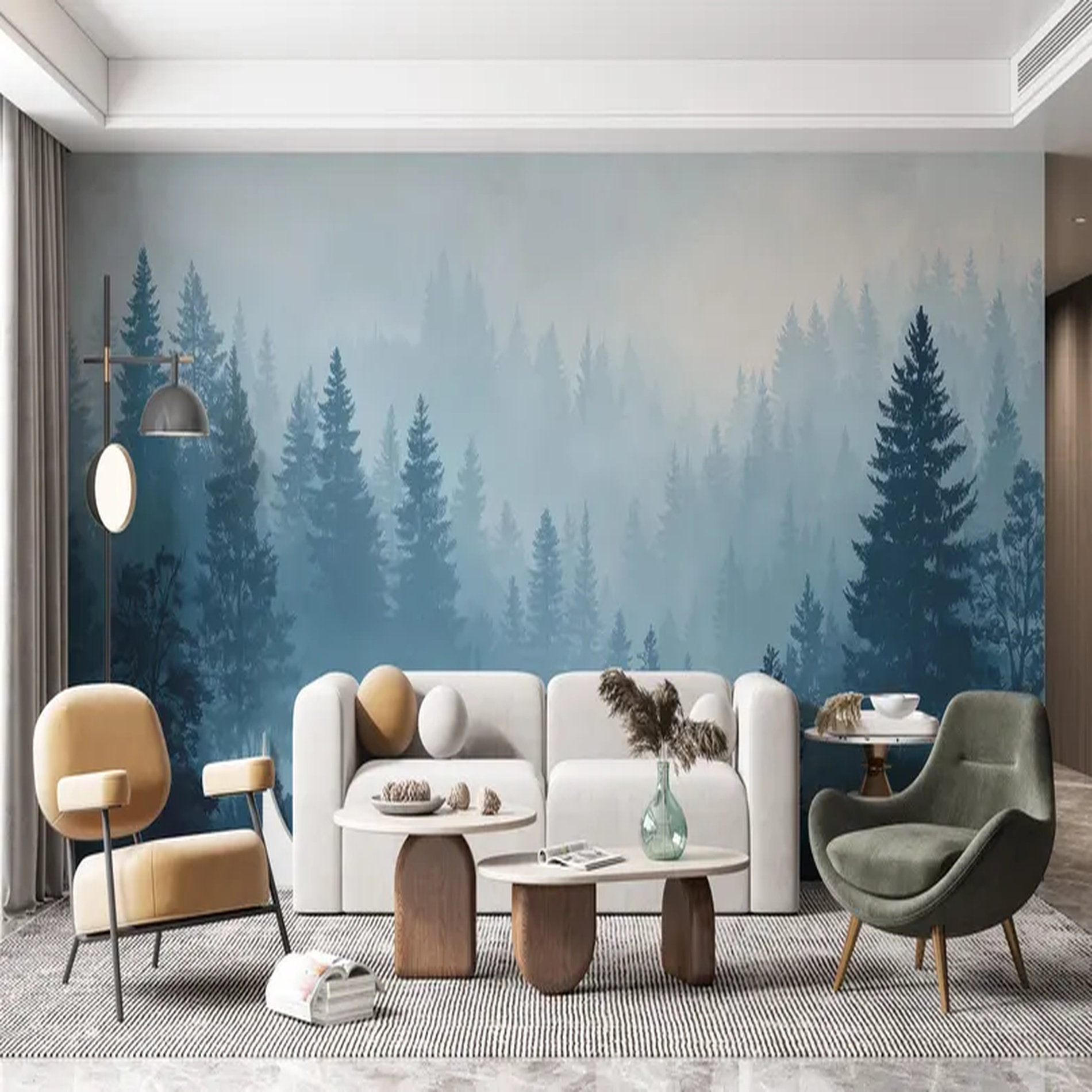 ARG Home Design Misty Blue Pine Forest With Deer Silhouette Mural | Wayfair