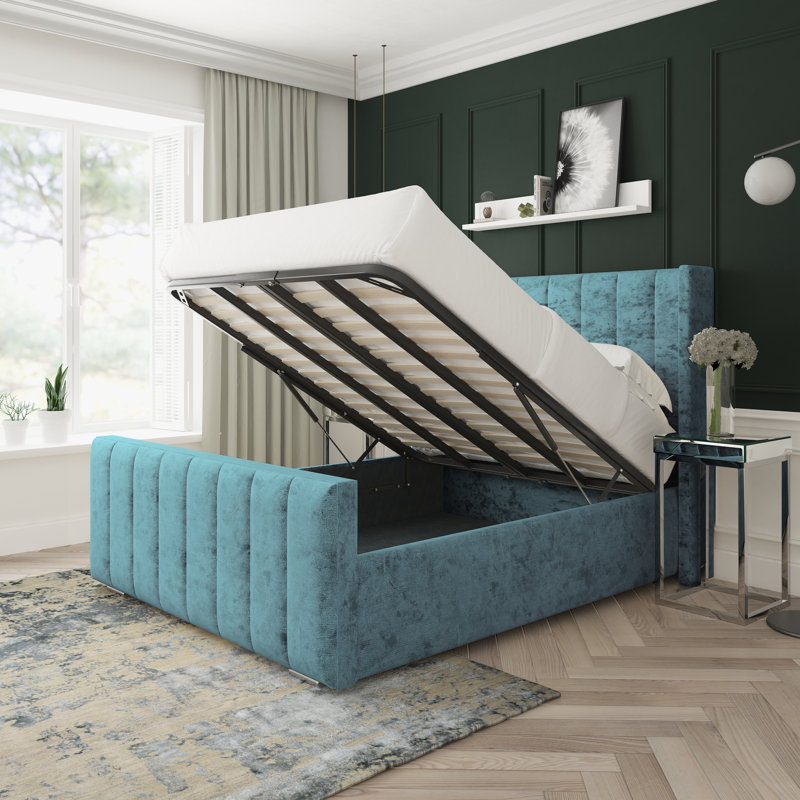 Willow Crushed Velvet Upholstered Ottoman Bed Frame, Teal, Small Double (4')