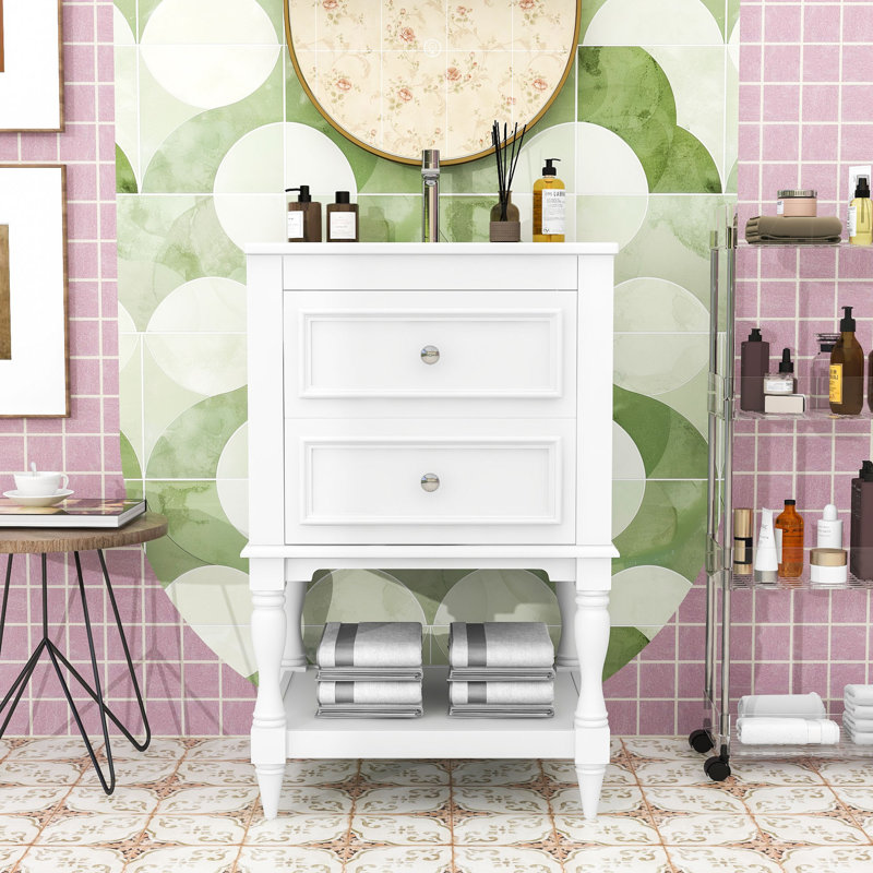 Meuble-lavabo avec lavabo en céramique, tablette et 2 tiroirs, White