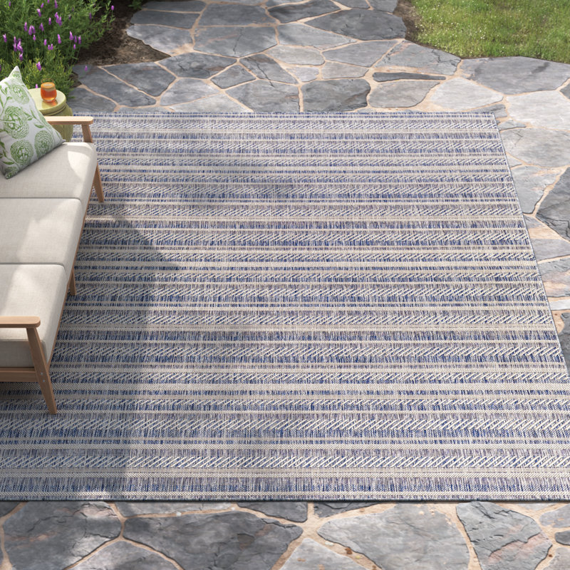 Tapis rayé bleu / gris Valentin / intérieur / extérieur, Carré 6 pi 7 po
